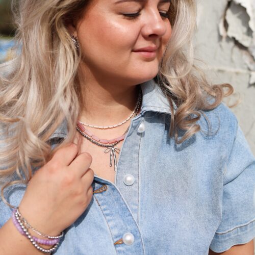 Mini beads pink ketting (zilver)